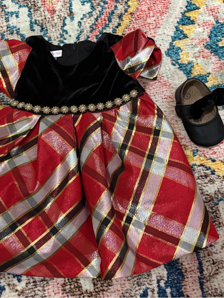 Bonnie Baby Red Black Gold Plaid Dress And Baby Shoes Bundle